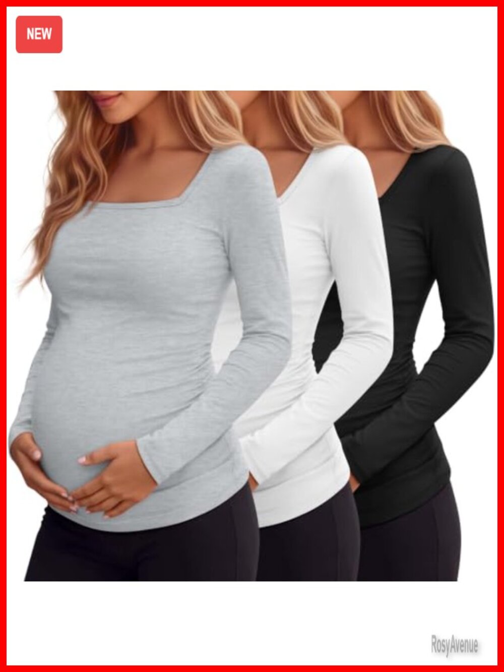 3 Pack Womens Maternity Long Sleeve Square Neck Side Ruched Tops